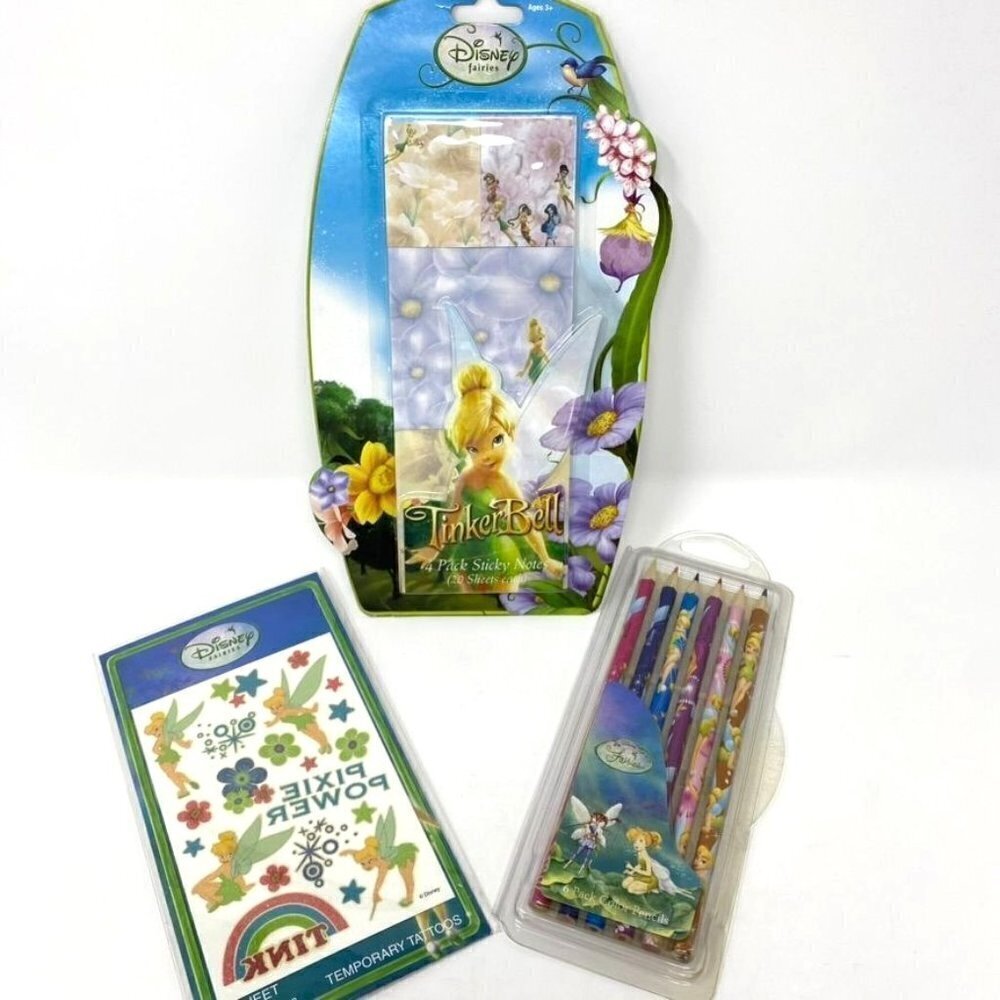 Disney Fairies Tinker Bell Set Sticky Notes Glitter Tattoos Color Pencils